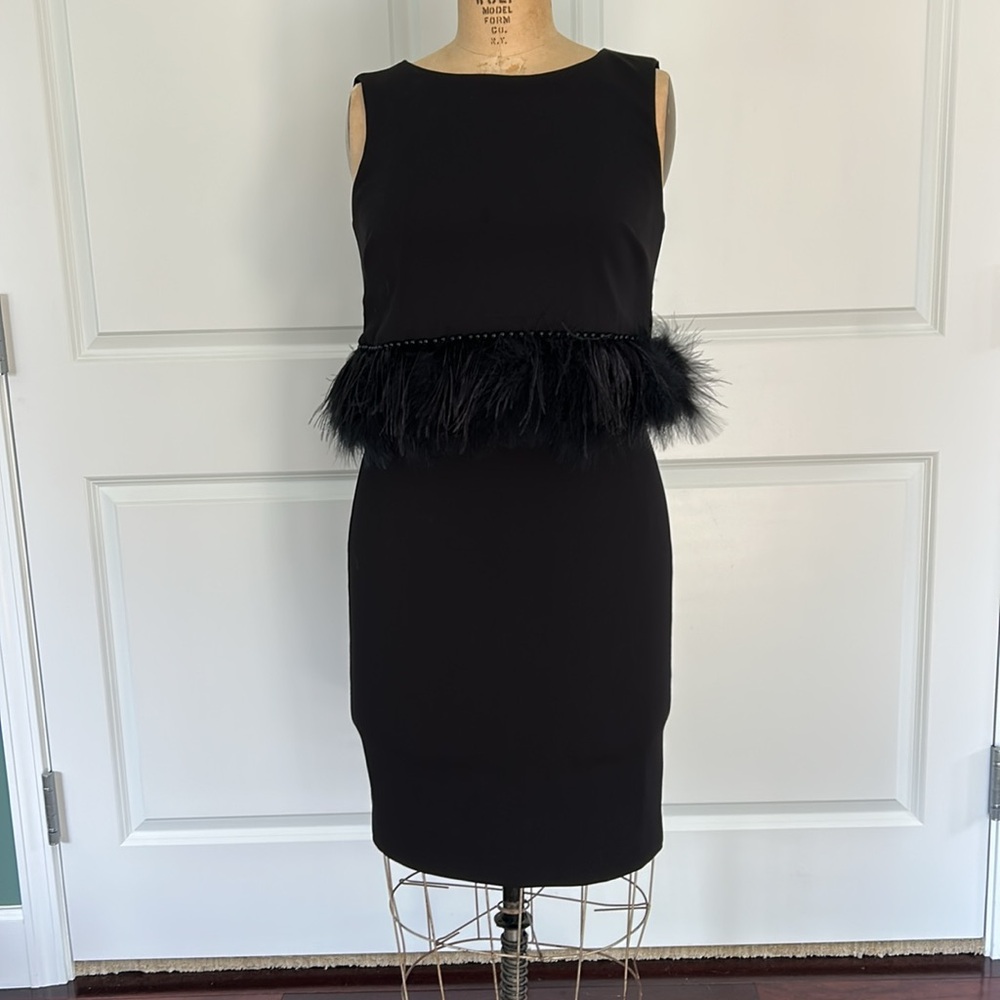 Badgley Mischka Designed Black Sheath with Ostrich Feather Accent